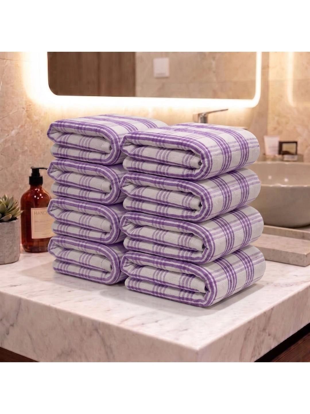 Athom Living Set Of 8 Lavender-Colored & White Striped Cotton Hand Towels-picture-41