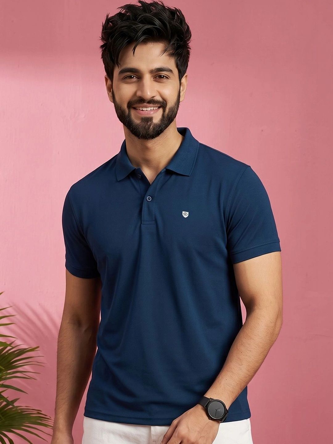 OAKWYN Navy Blue Polo Collar T-shirt-image-18