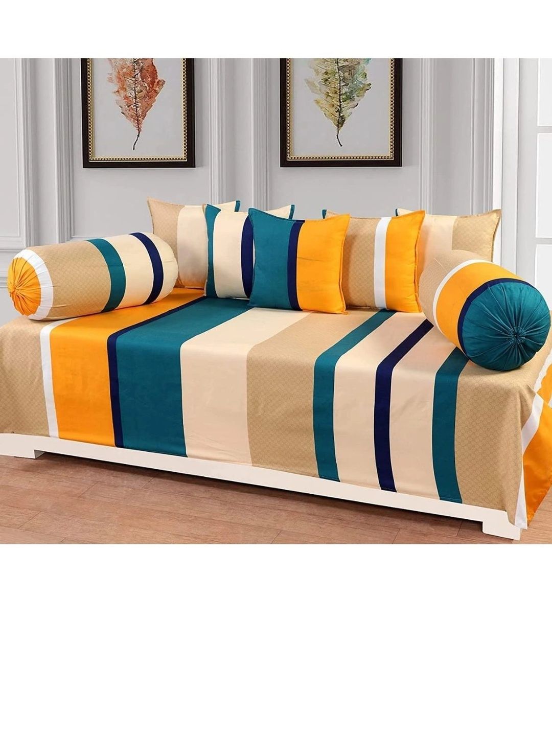 HIDECOR Set Of 8 Beige & Yellow Striped Microfiber Diwan Set-image-8