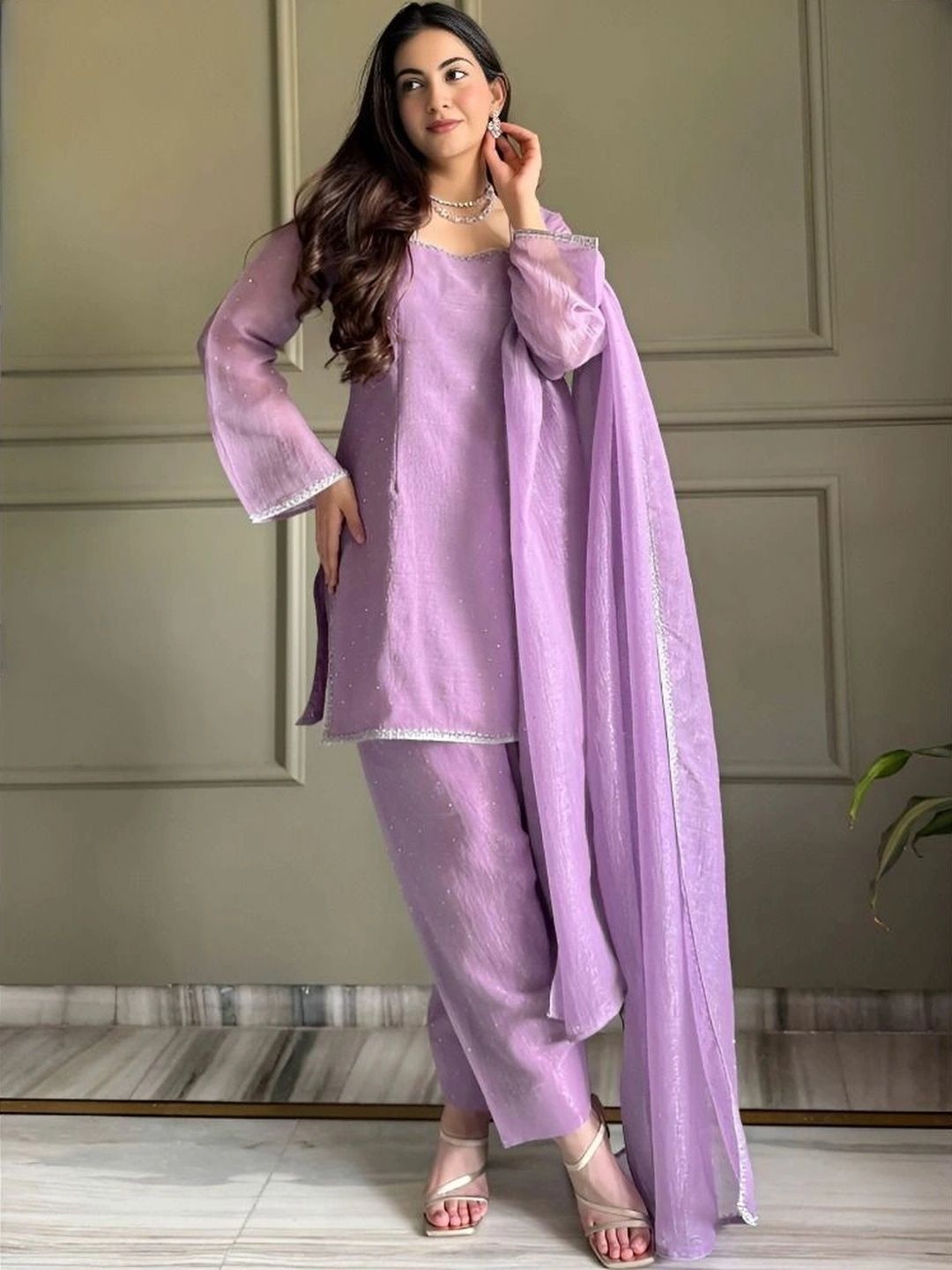 SHREEKALI Women Regular Silk Chiffon Kurta with Trousers & With Dupatta-picture-11