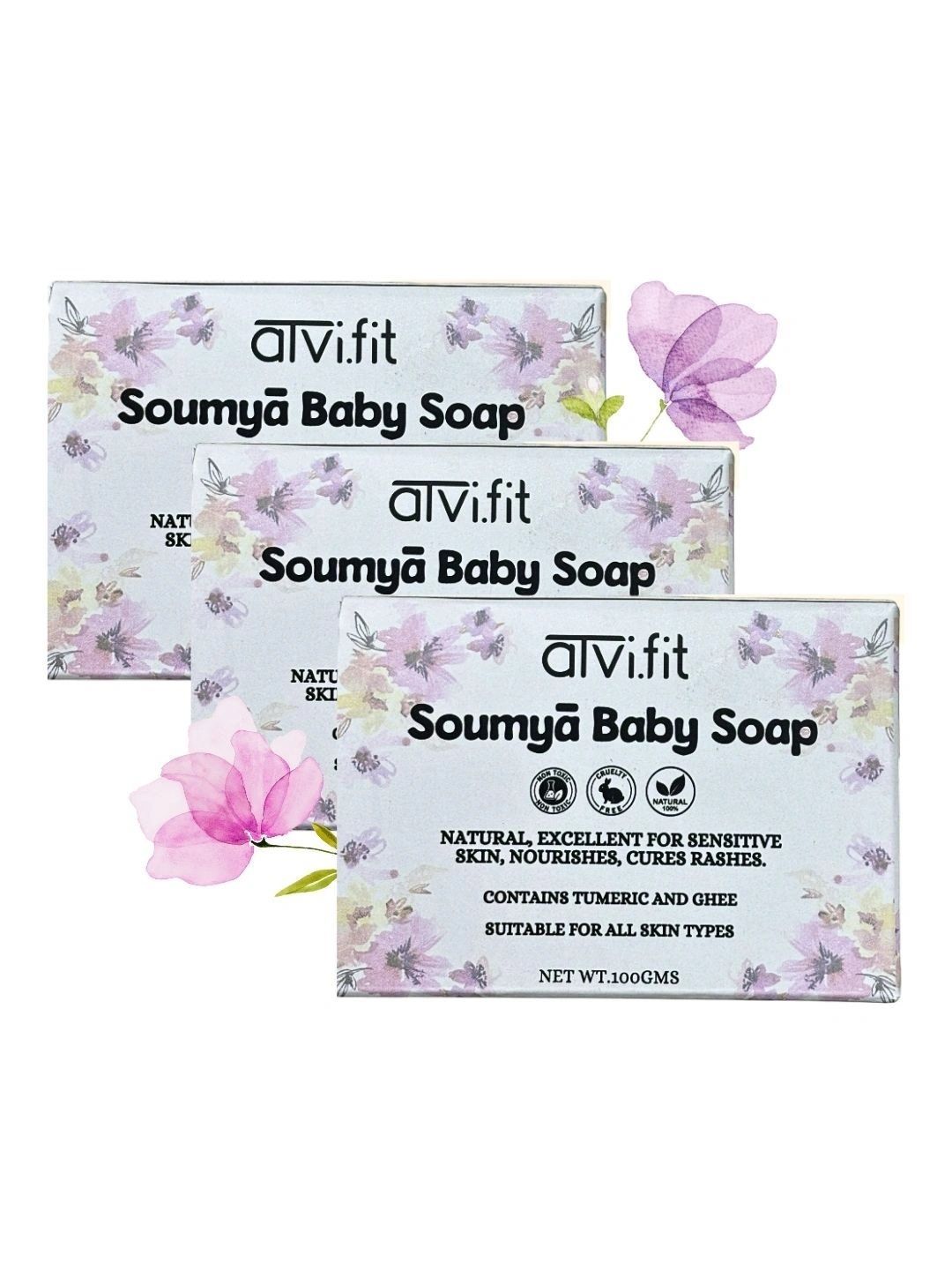 ATVI.FIT Pack Of 3 Soumya Baby Soap Made With Pure Coconut Oil - 100g Each-image-1