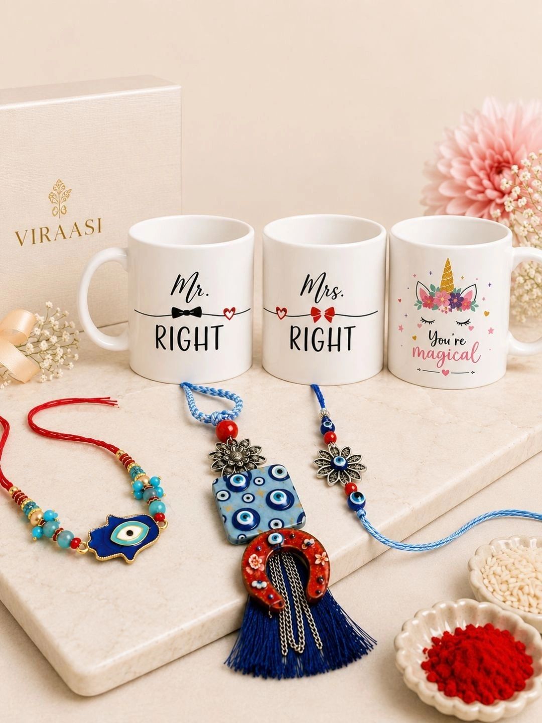 VIRAASI Blue Couple and Kids Rakhi Set with 3 Matching Mugs-picture-16