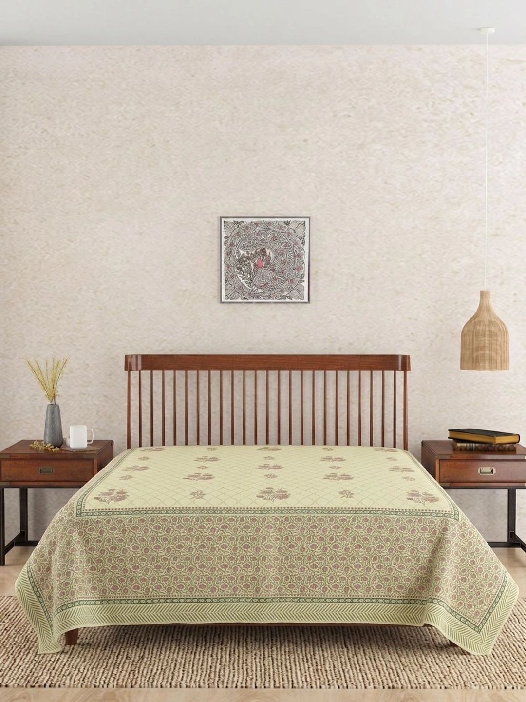 Fabindia Off-White & Pink Printed Cotton Double Bed - King Bed Covers-image-41