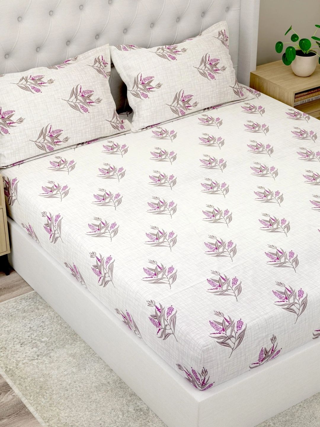 Pure Decor Grey & Purple Floral 180 TC Bedsheet with 2 Pillow Covers-image-26