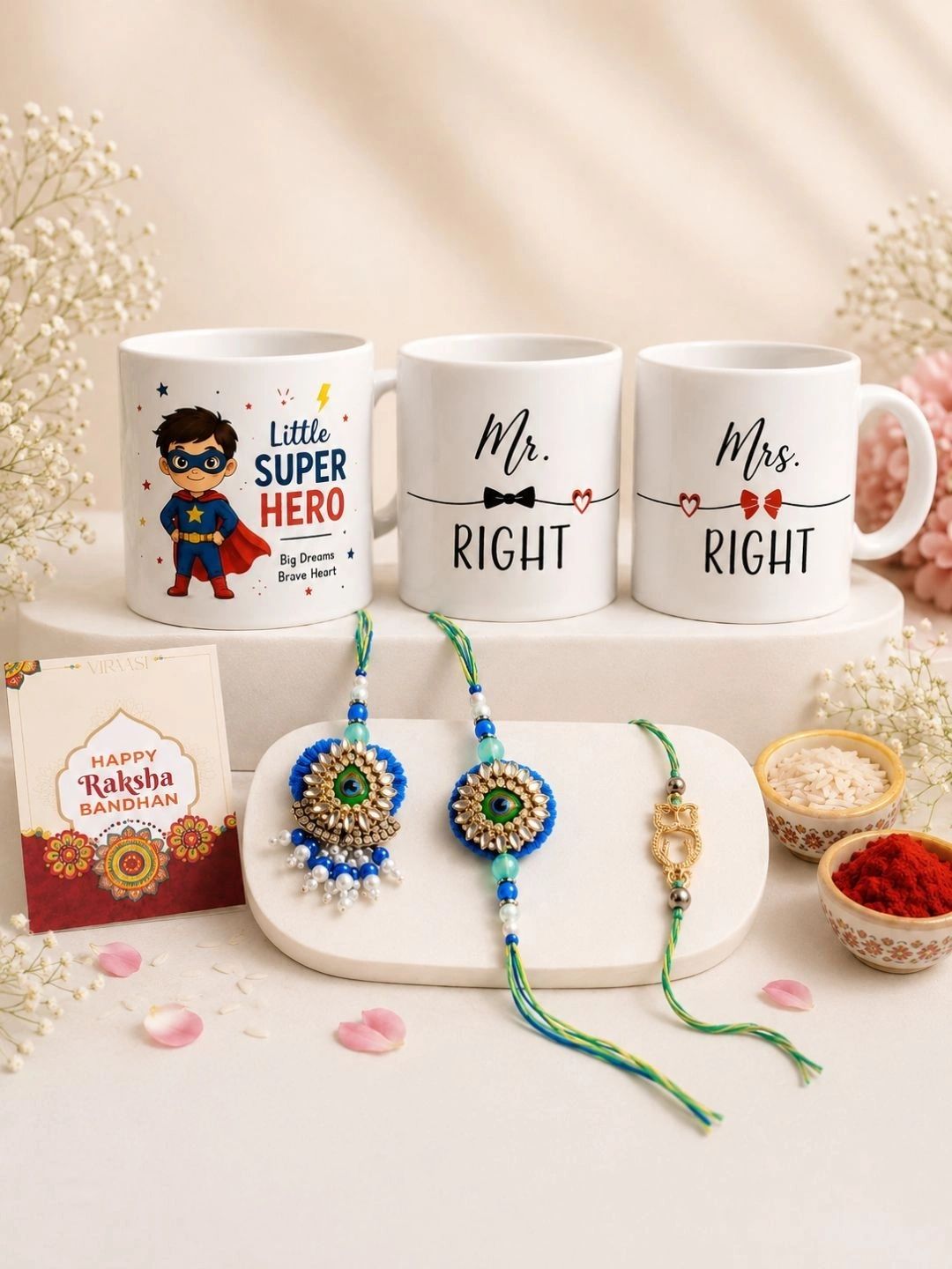 VIRAASI Blue Couple and Kids Rakhi Set with 3 Matching Mugs-picture-53