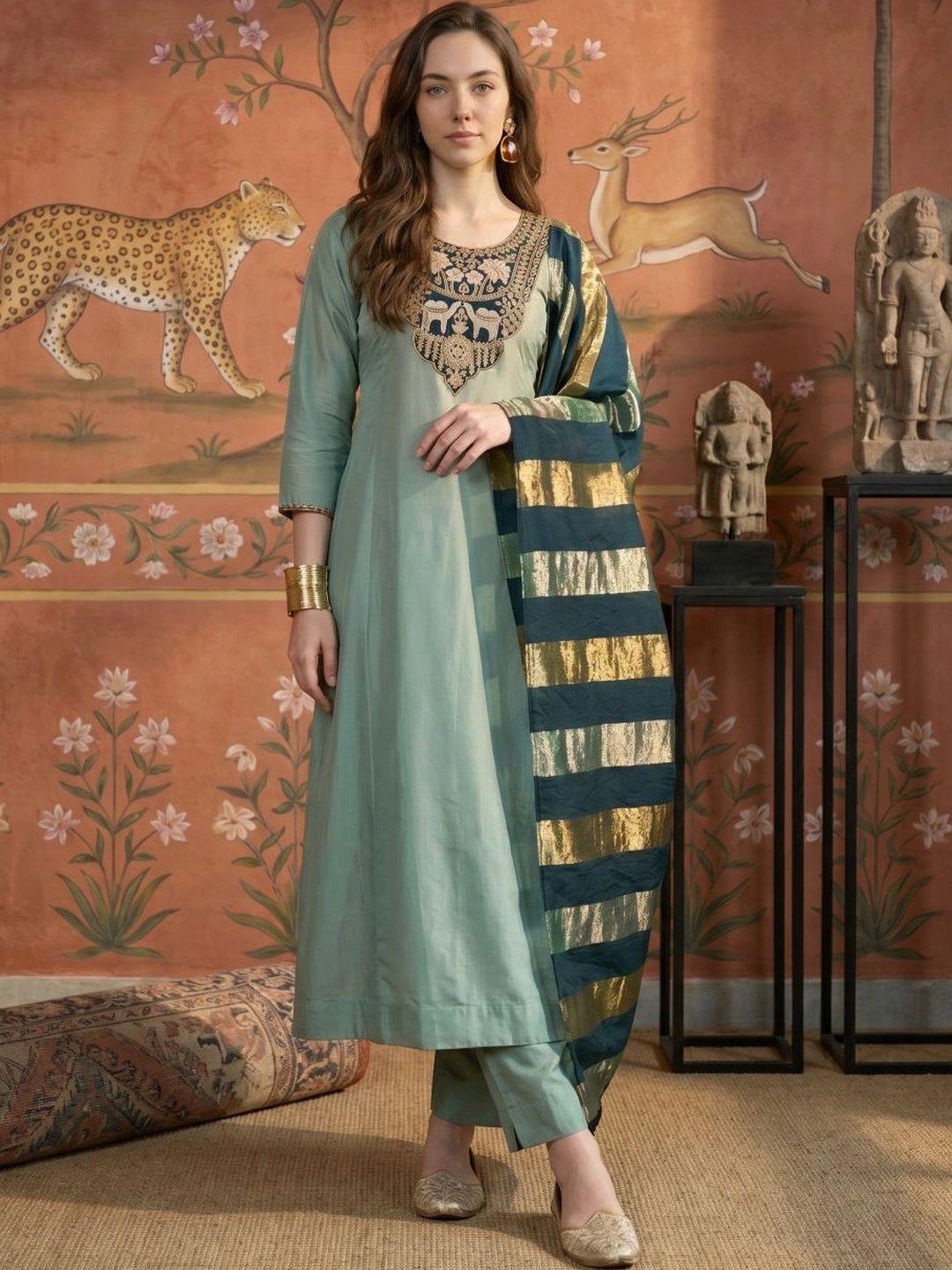 Sangria Women Ethnic Motifs Embroidered Regular Thread Work Kurta with Trousers & With Dupatta-picture-18