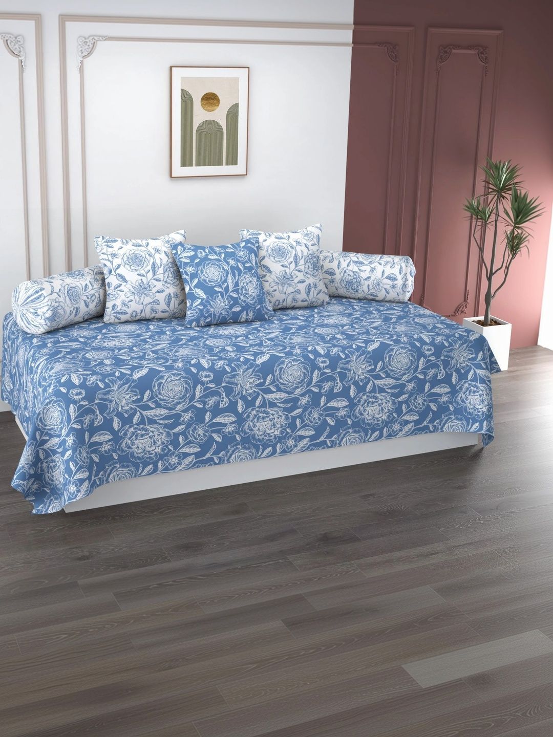 HIDECOR Set Of 6 Blue & White Printed Microfiber Diwan Set-picture-24