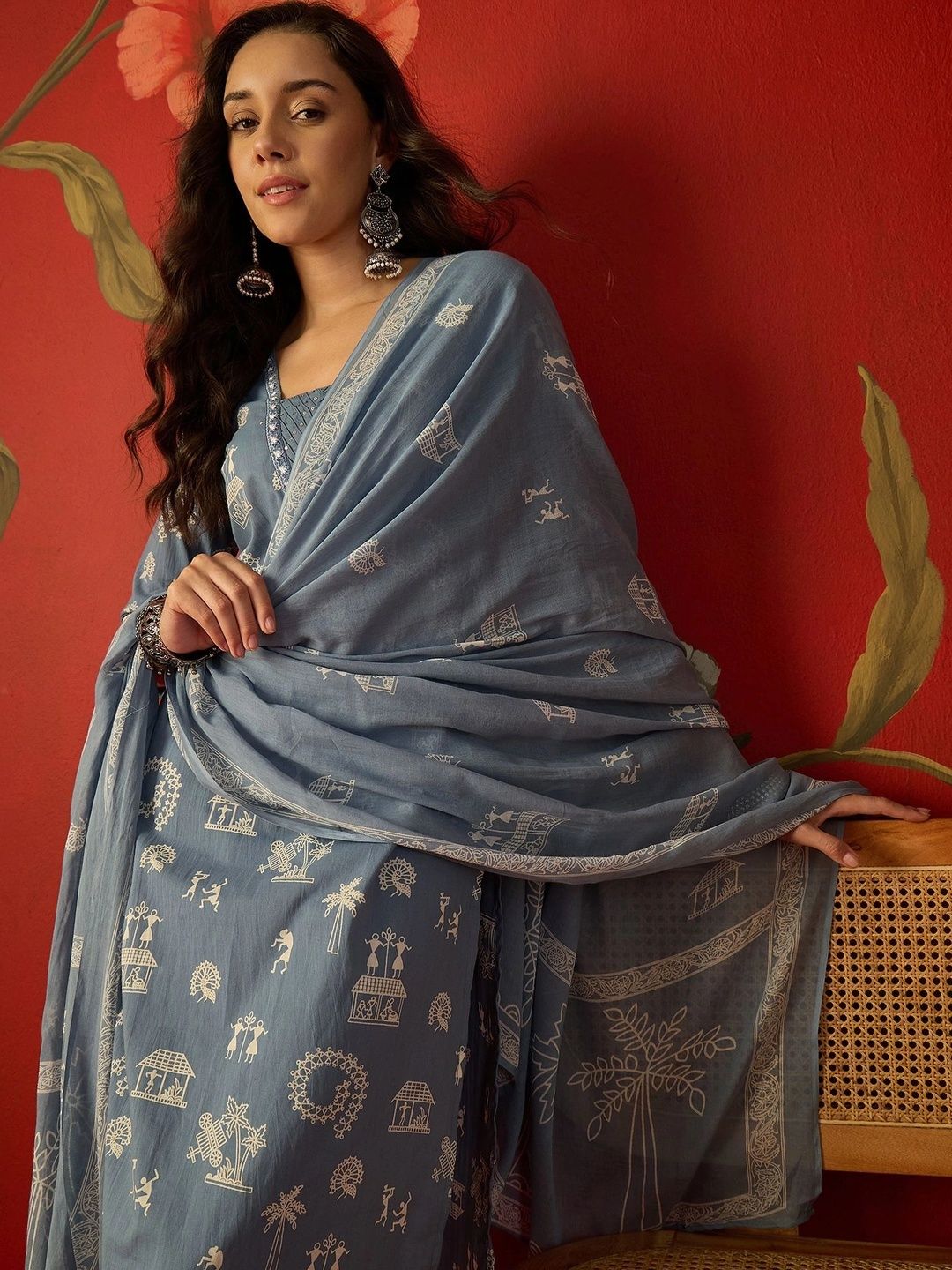 Sangria Women Ethnic Motifs Printed Regular Thread Work Pure Cotton Kurta with Trousers & With Dupatta-picture-32