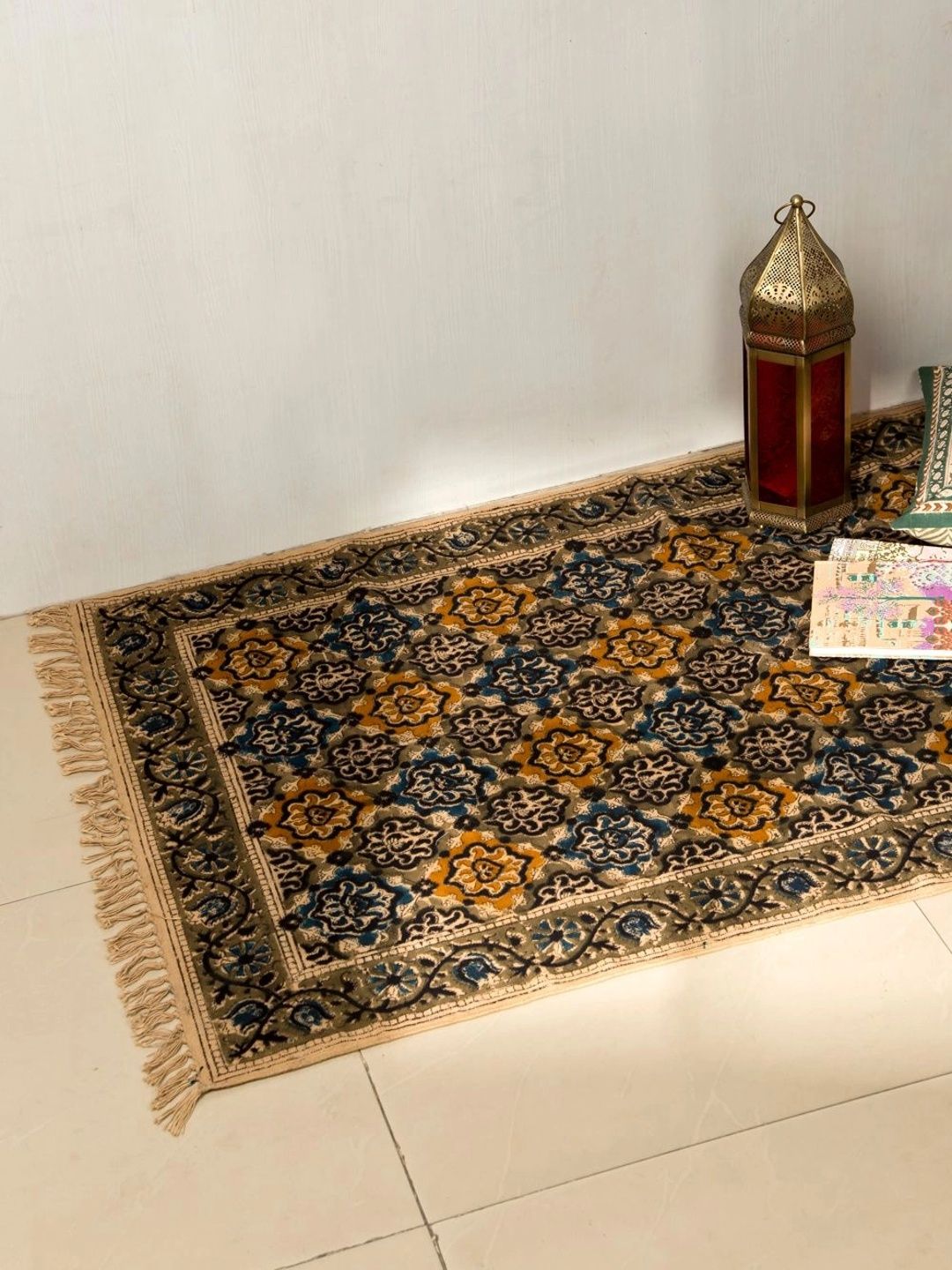 Fabindia Green & Beige Kalamkari Printed Cotton Dhurrie-picture-10