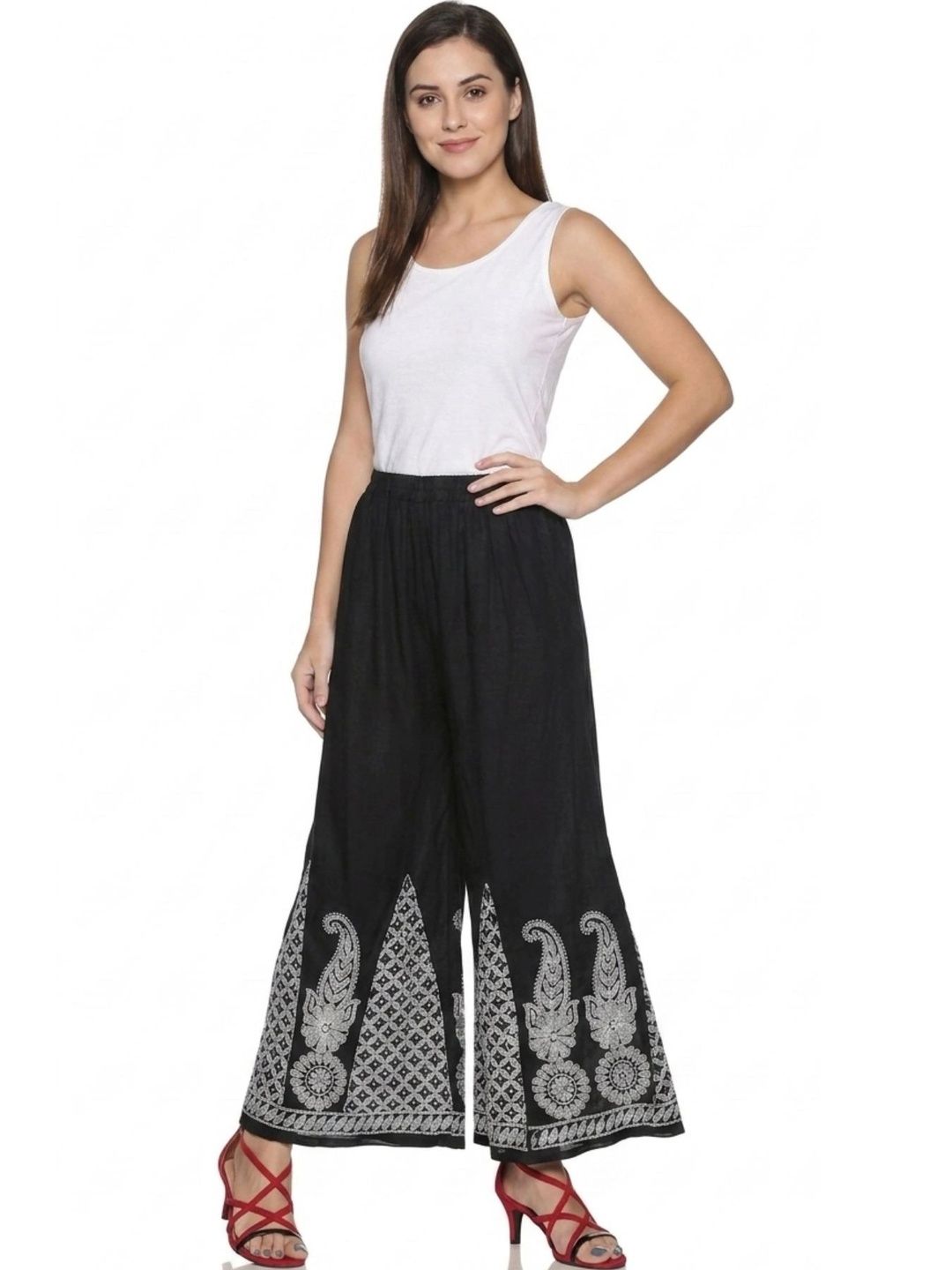 Fashionable Chikan Handikraft Women Ethnic Motifs Embroidered Flared Handloom Georgette Ethnic Palazzos-image-30