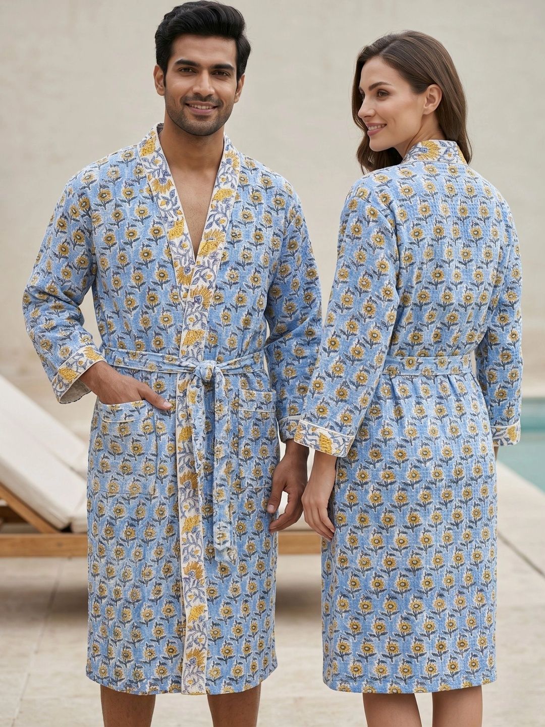 LIVING ROOTS Waffle Handblock Printed Cotton Knee Length Bath Robe & Wraps-image-47