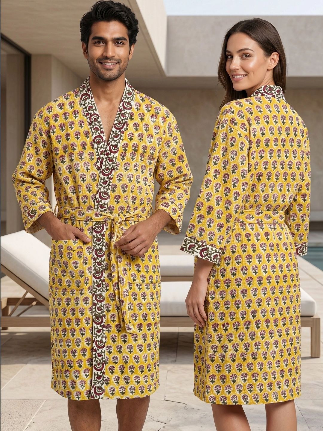 LIVING ROOTS Waffle Handblock Printed Cotton Knee Length Bath Robe & Wraps-image-10