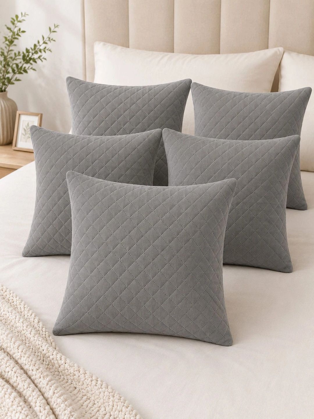 Pracwal Grey Set of 5 Geometric Velvet Square Cushion Covers-image-30