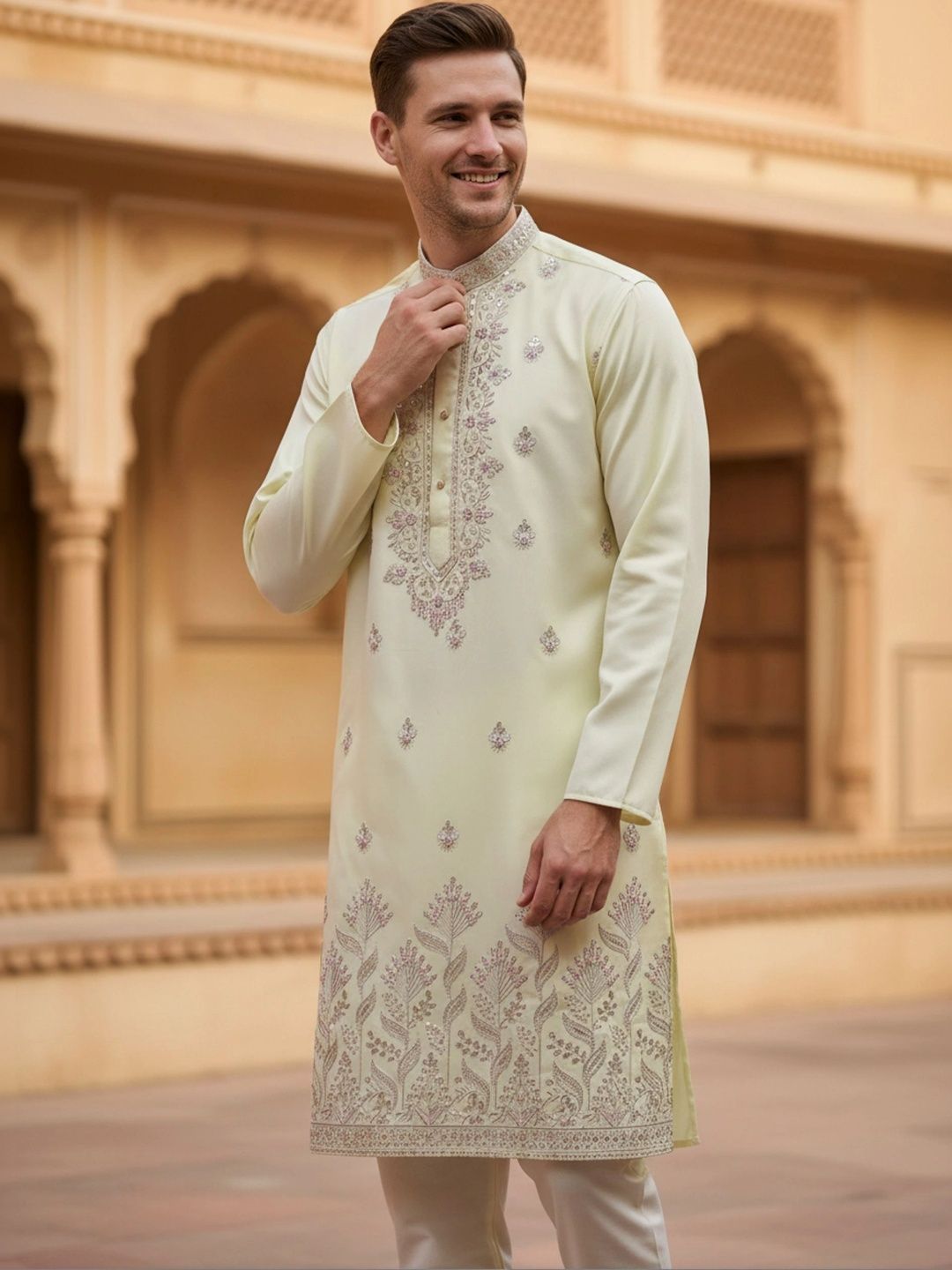 DUFFLE DOG Men Ethnic Motifs Embroidered Thread Work Kurta-picture-43