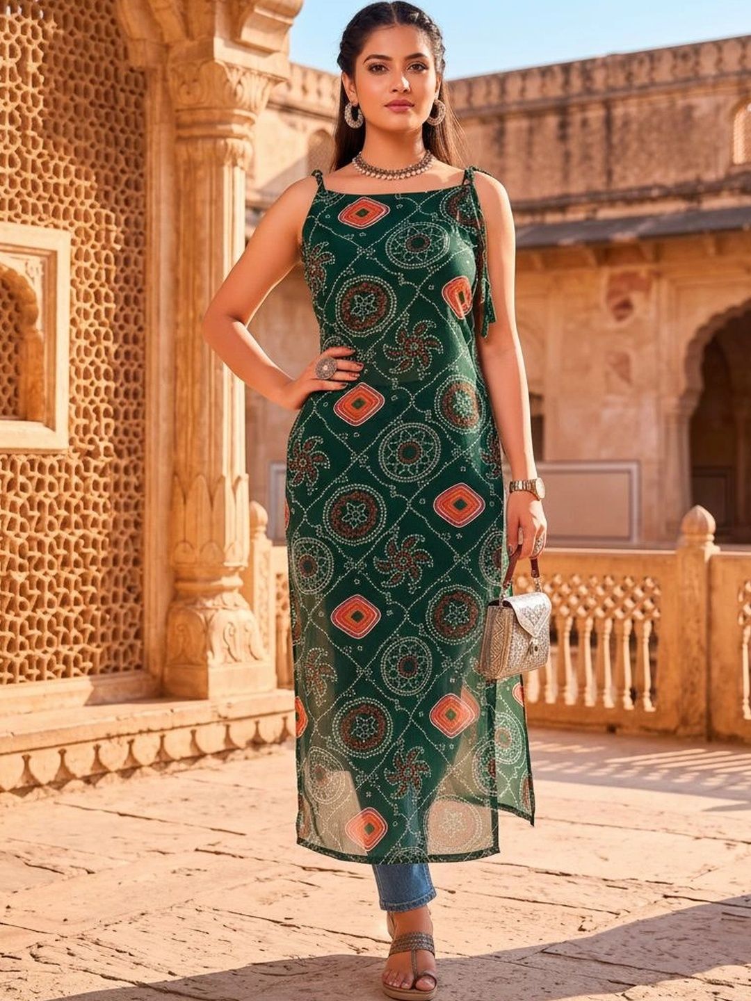 LIPS CROWN Ethnic Motifs Printed V-Neck Kurti-picture-55