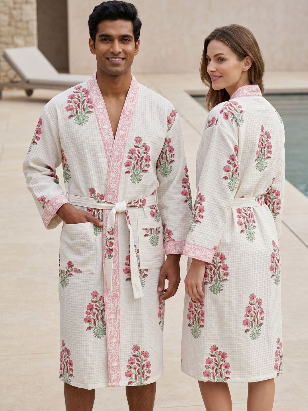 LIVING ROOTS Waffle Handblock Printed Cotton Knee Length Bath Robe & Wraps-image-43