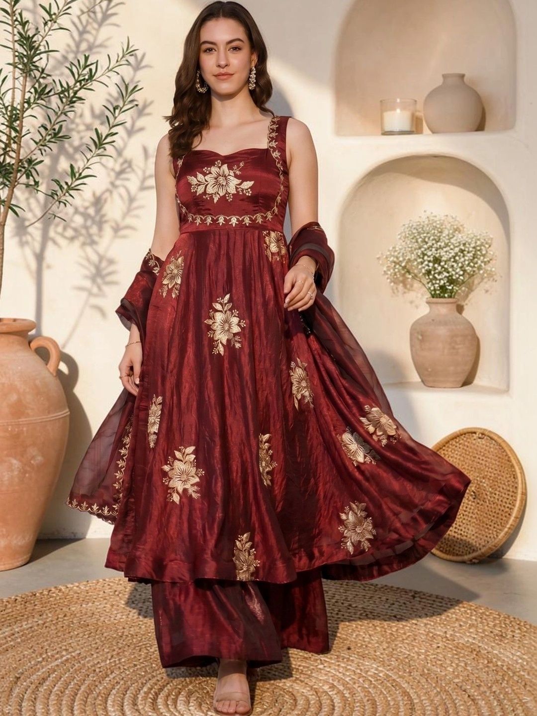 Sangria Women Floral Embroidered Regular Kurta with Palazzos & With Dupatta-picture-45