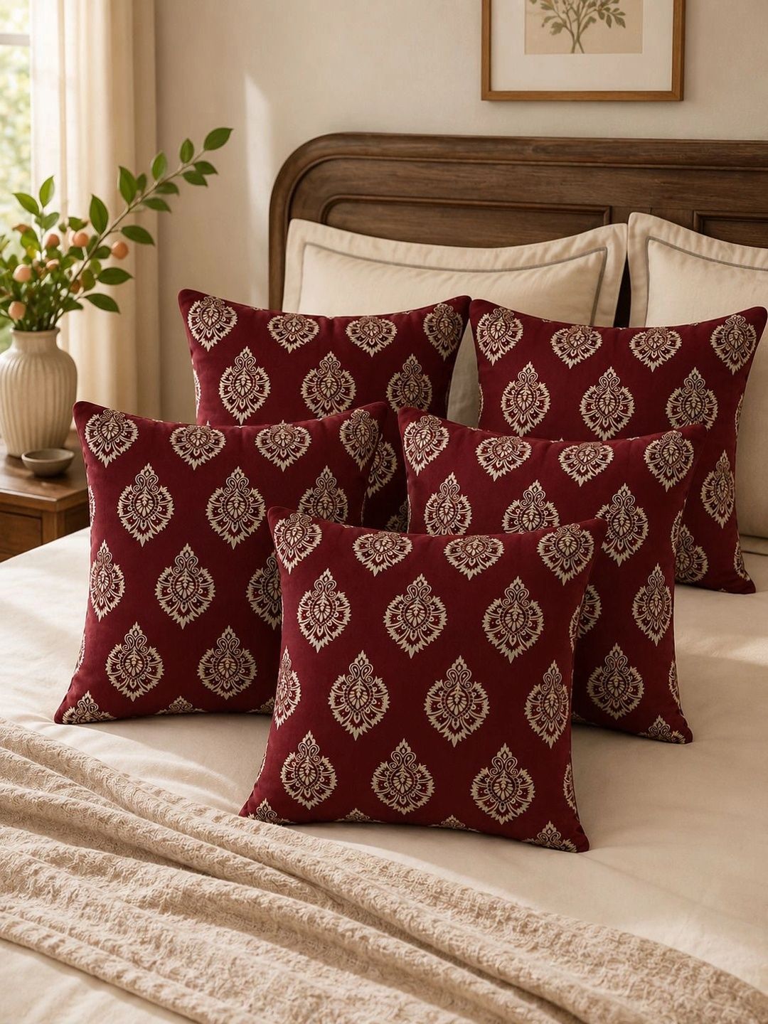 Pracwal Maroon & Gold-Toned Set of 5 Ethnic Motifs Velvet Square Cushion Covers-image-26