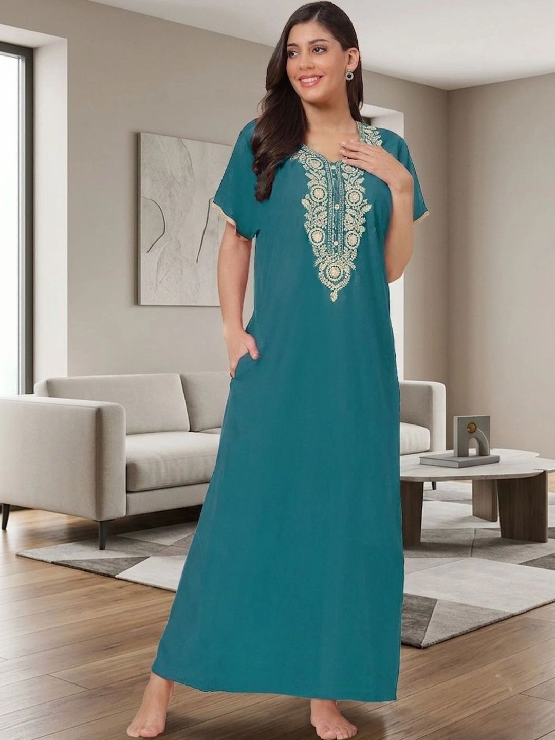 FABINALIV Women's Rama Green Solid Embroidery Pure Cotton Maxi Gown Nighty-image-33