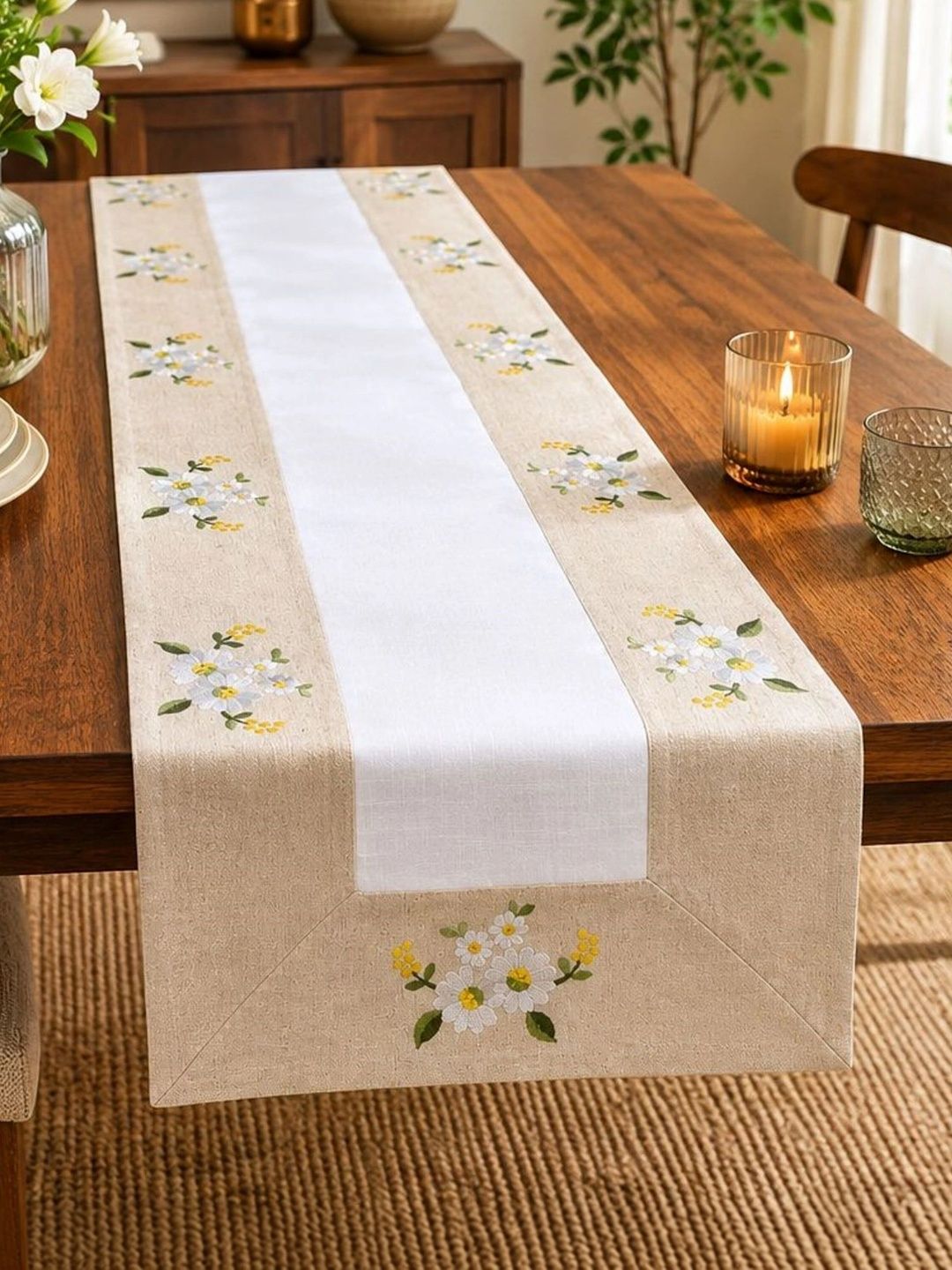 monkdecor TANLOOMS White & Beige Floral Embroidered Table Runner-picture-10