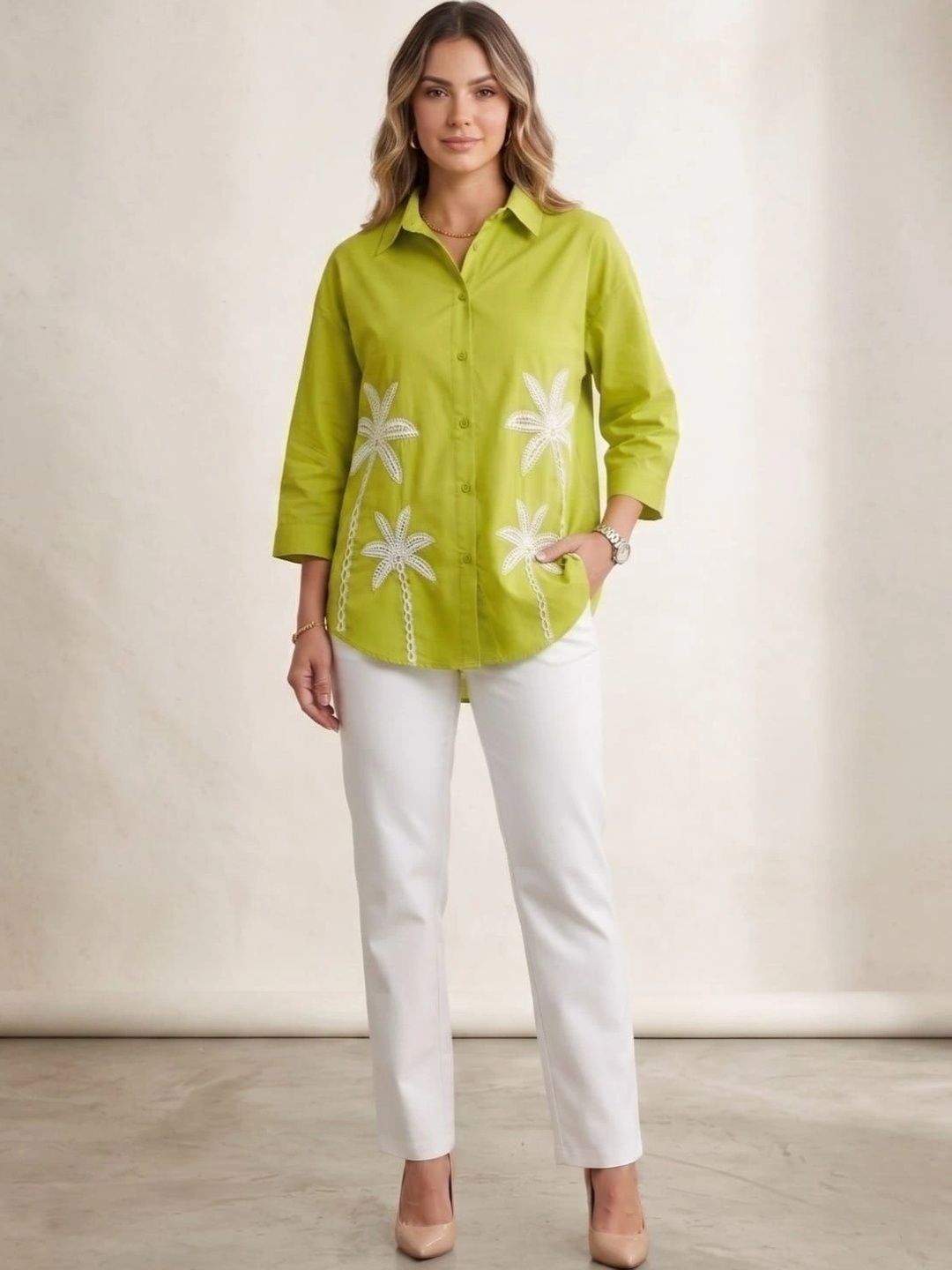 Crown Threads Viscose Rayon Blend Shirt Collar Embroidered Tropical Tunic-picture-41