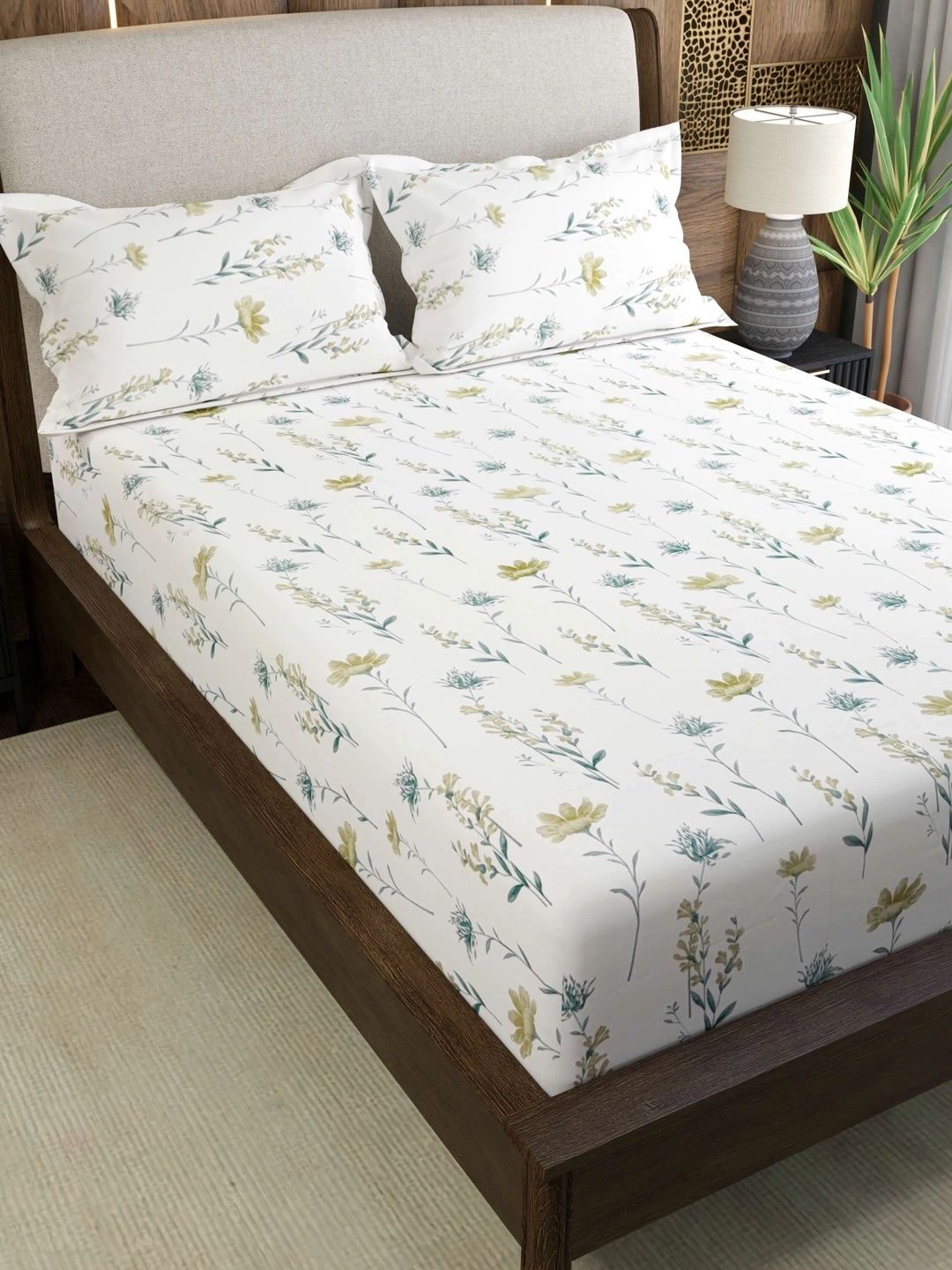 Pure Decor White & Green Floral 180 TC Bedsheet with 2 Pillow Covers-picture-15