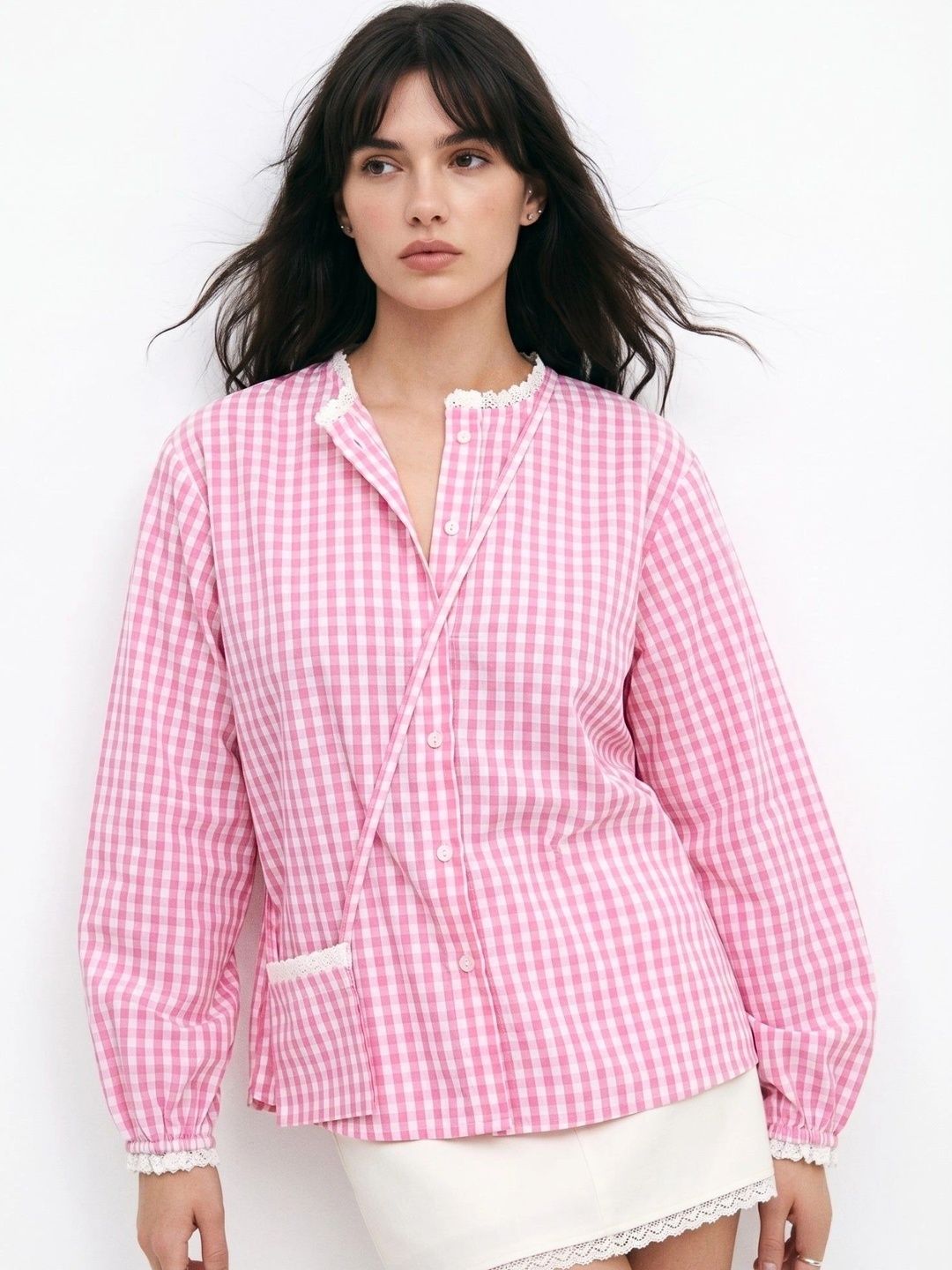 Outzidr Checked Mandarin Collar Ruffles Cotton Top-picture-40