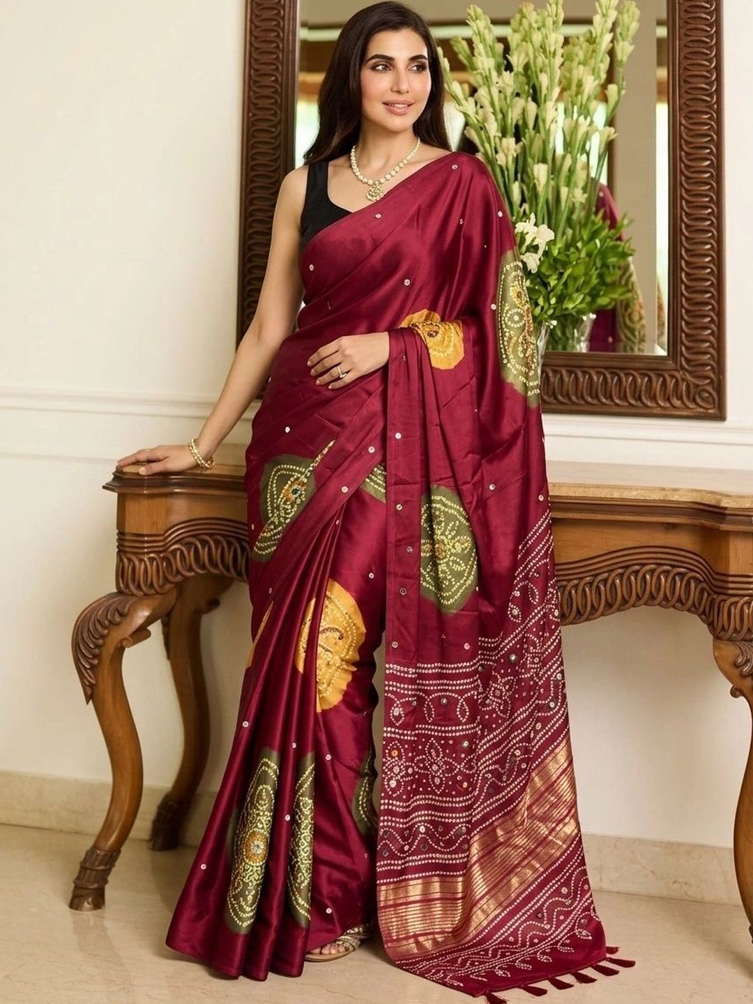 Mitera Ajrak Block Mirror Work Bandhani Saree-image-44