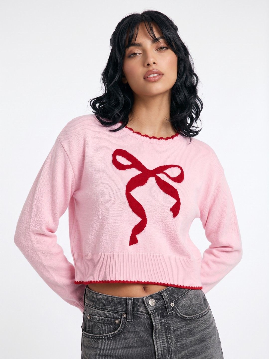 glitchez Bow Designed Knitted Crop Pullover-picture-27