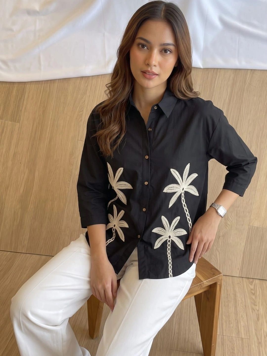 Crown Threads Viscose Rayon Blend Shirt Collar Printed Tropical Tunic-image-44