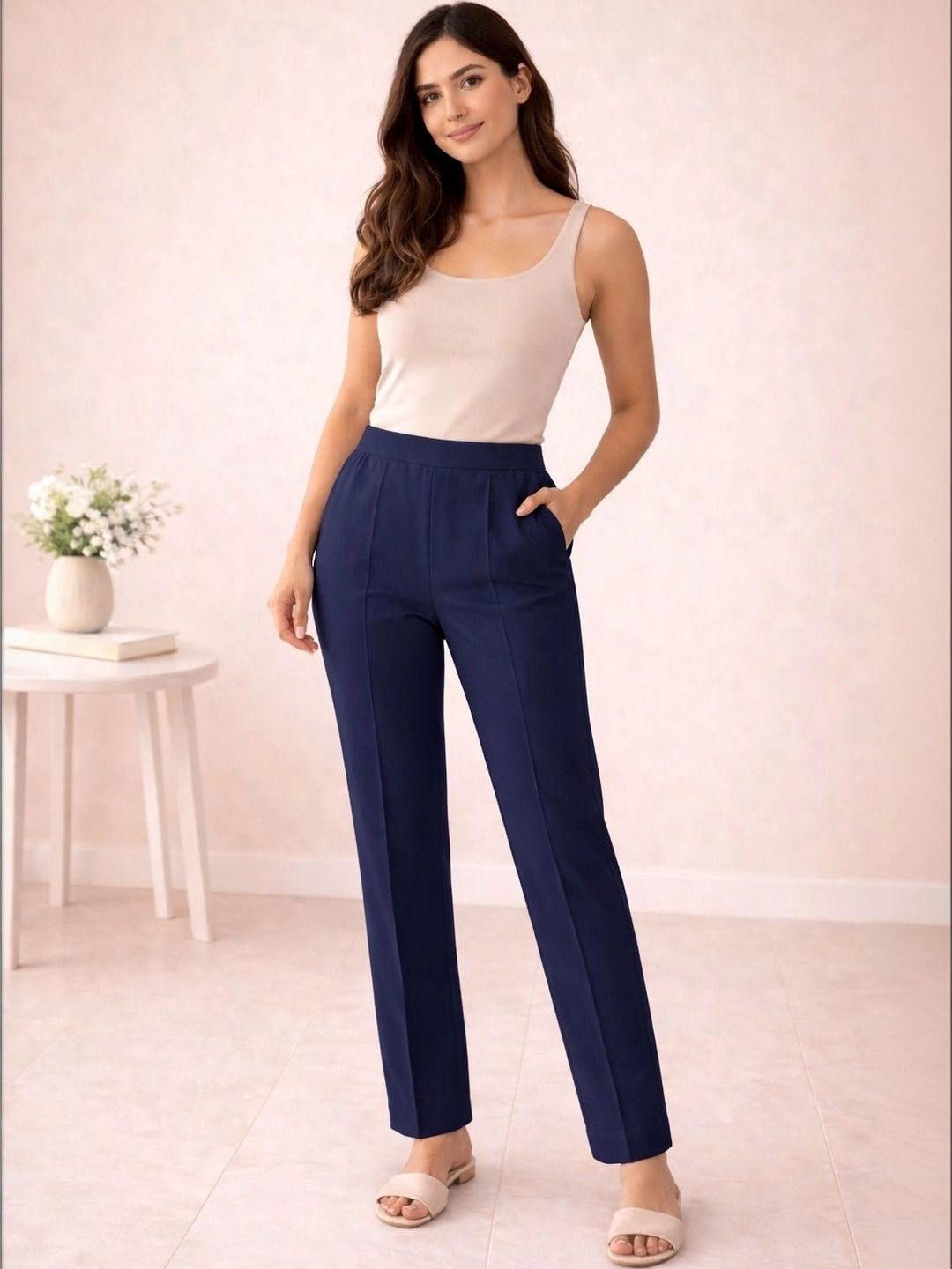 PARNAVI Women Relaxed Straight Leg High-Rise Easy Wash Trousers-picture-29