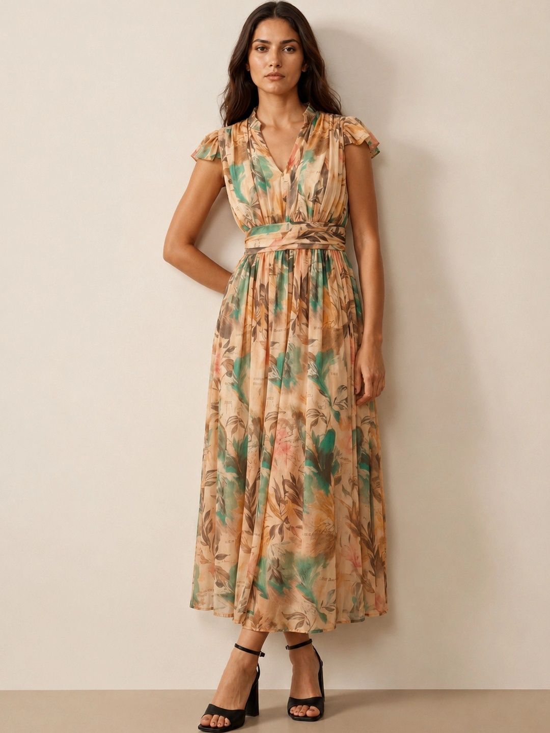 AASK Floral Print Flutter Sleeve A-Line Maxi Dress-picture-17