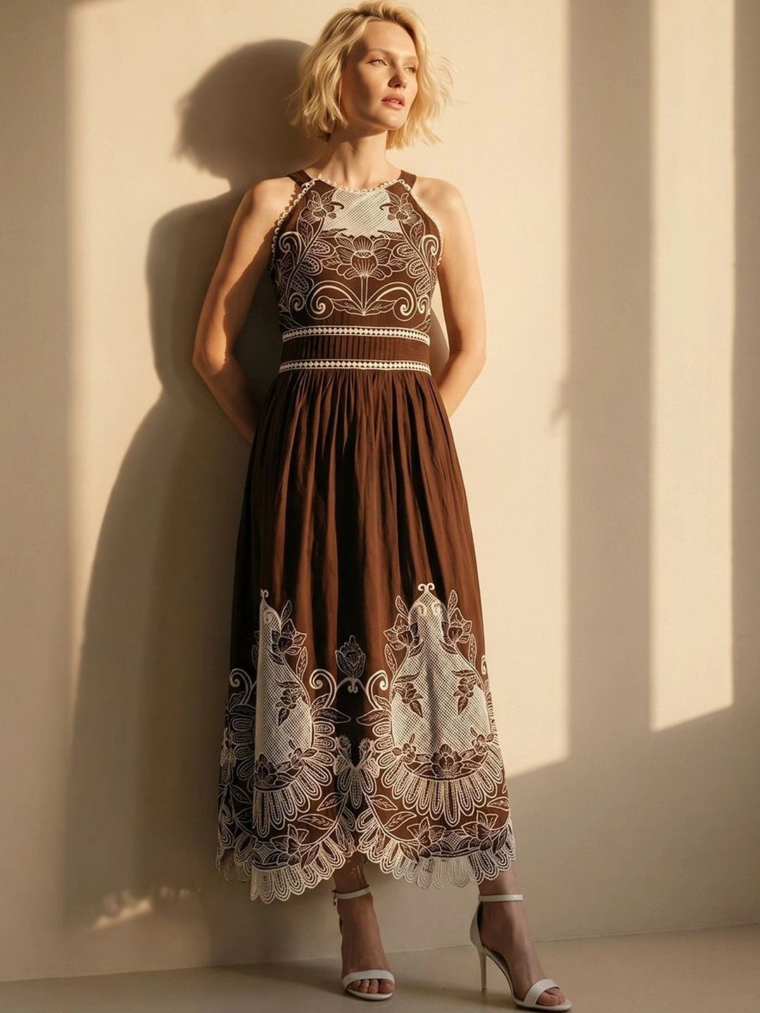 Vero Moda Floral Embroidered Halter Neck A-Line Midi Dress-image-48