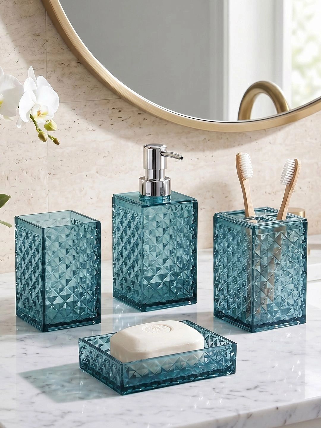 Story@home Teal 3 piece Textured Plastic Bath Accessories Set-image-24