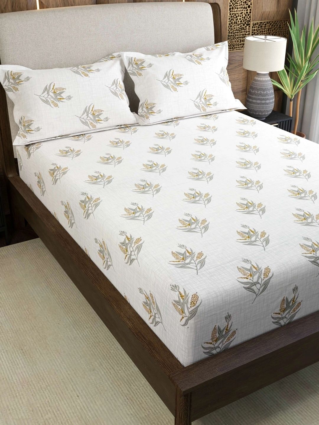 Pure Decor Grey & Mustard Floral 180 TC Bedsheet with 2 Pillow Covers-image-10