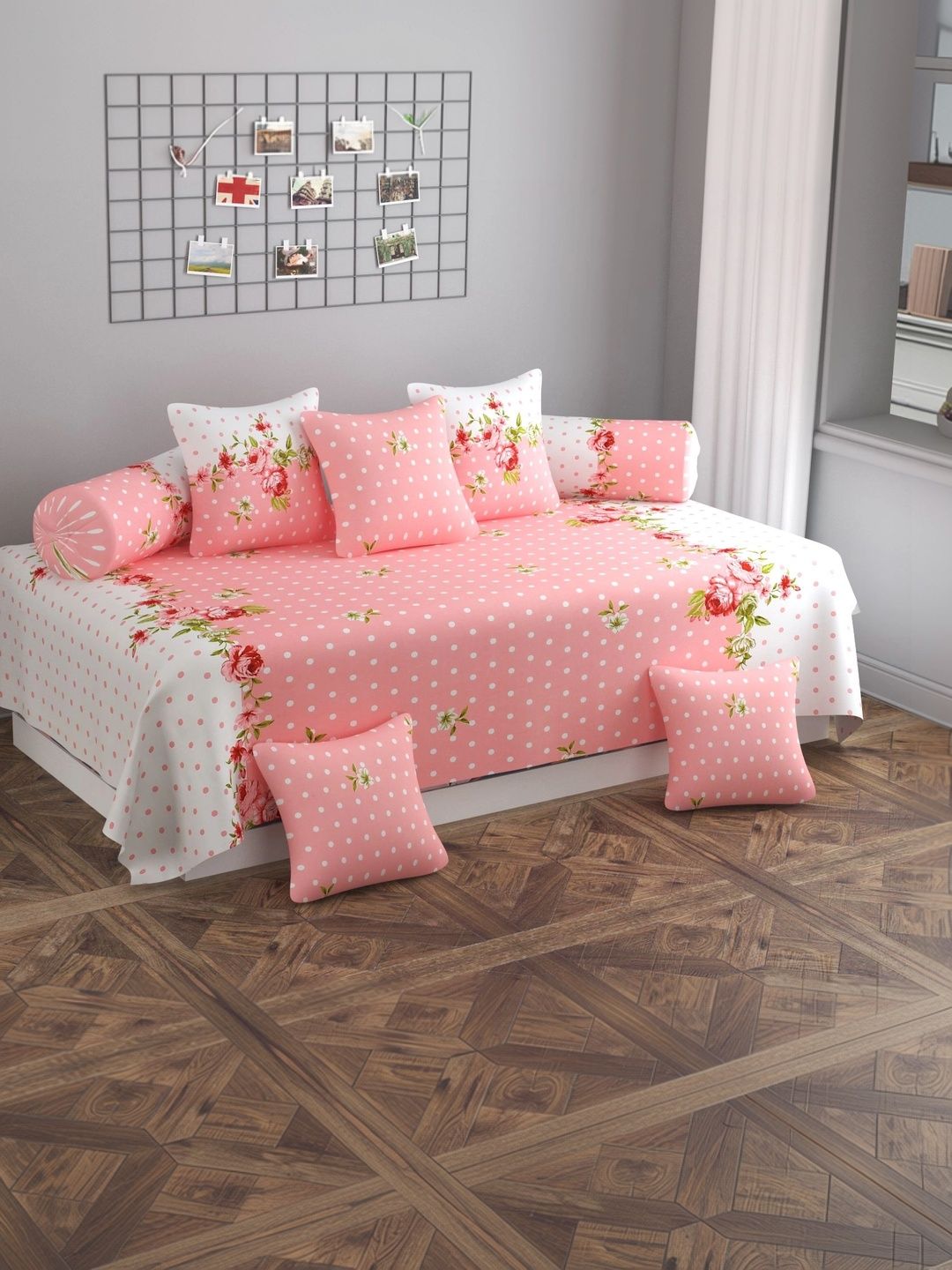 HIDECOR 6-Pcs Pink & White Printed Microfiber Bedsheet with Bolster & Cushion Covers-picture-32