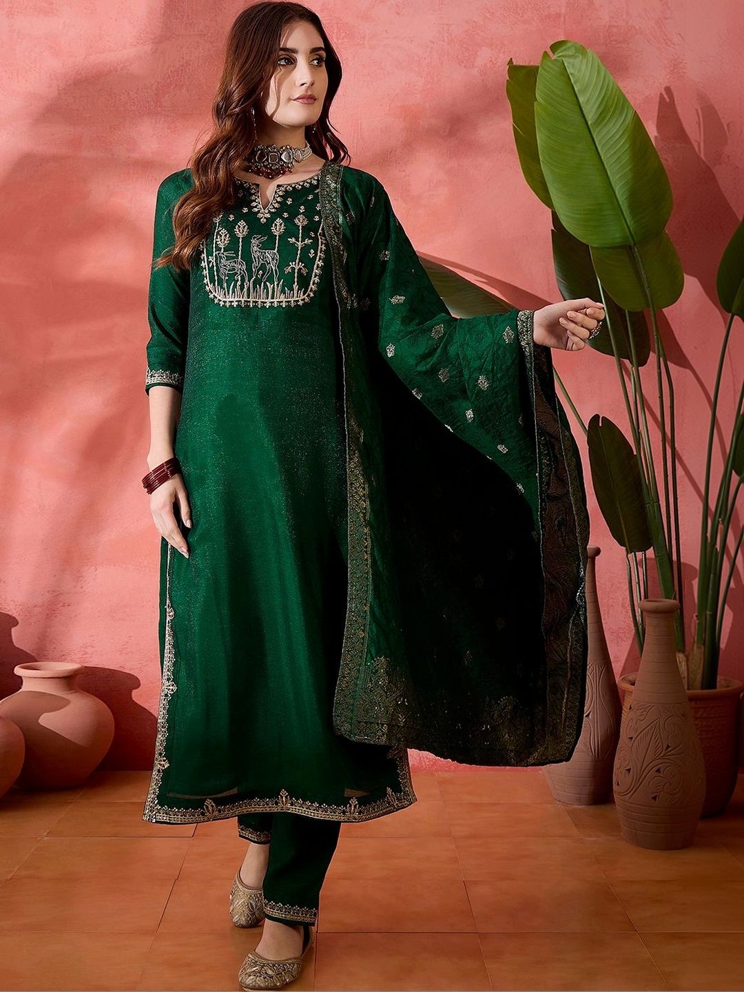 Sangria Women Floral Embroidered Regular Thread Work Kurta with Trousers & With Dupatta-picture-18