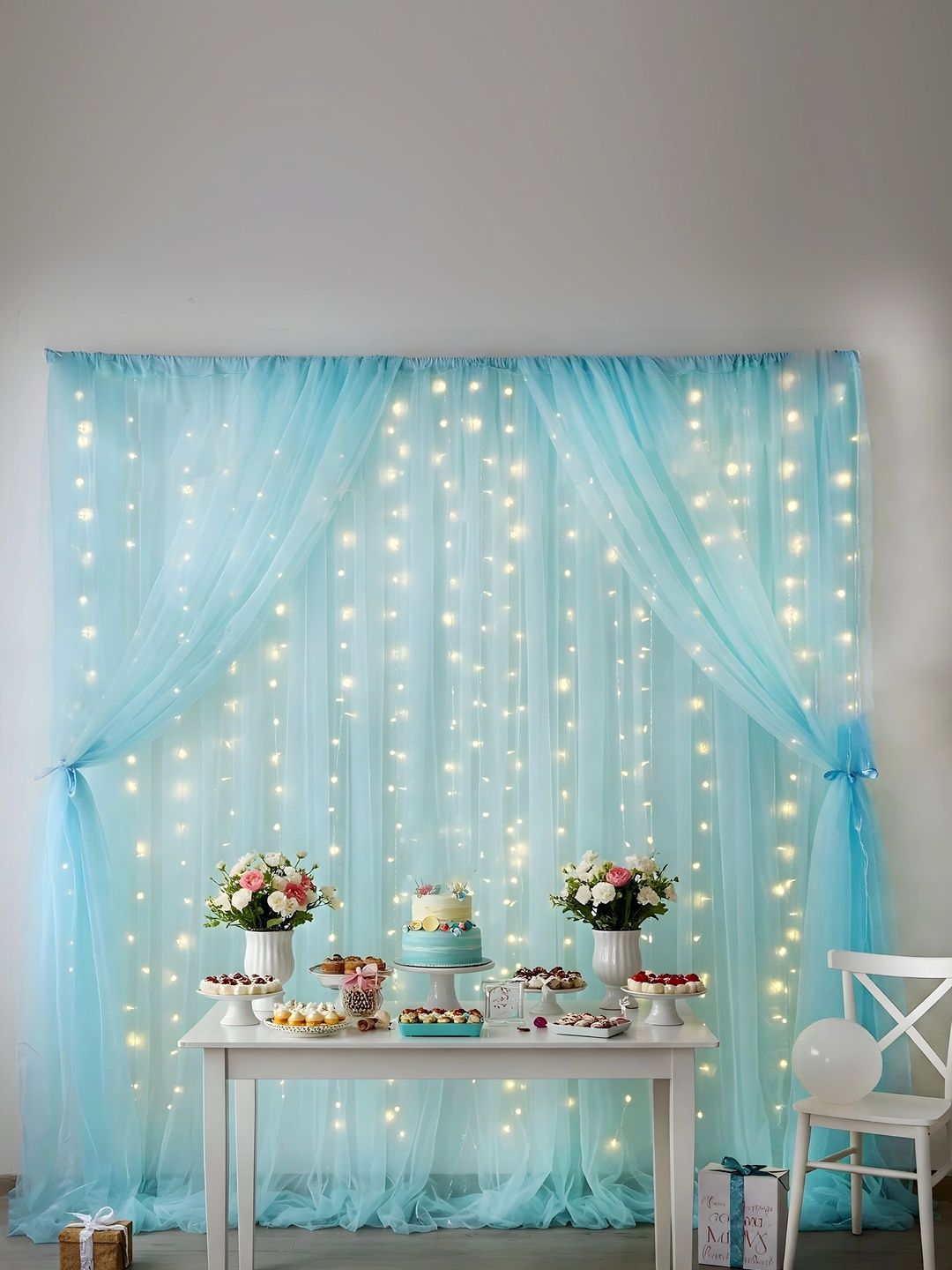 Bubble Trouble 5-Pcs Blue Curtain Backdrop With String Lights-picture-3