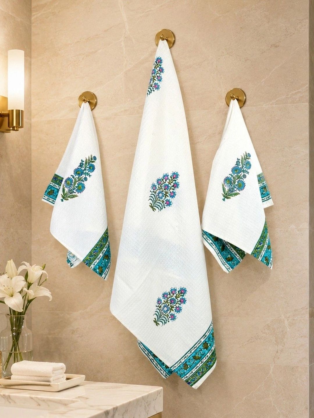 Natriel Teal Blue & White Printed Cotton 3-Pcs Bath & Hand Towels-image-17