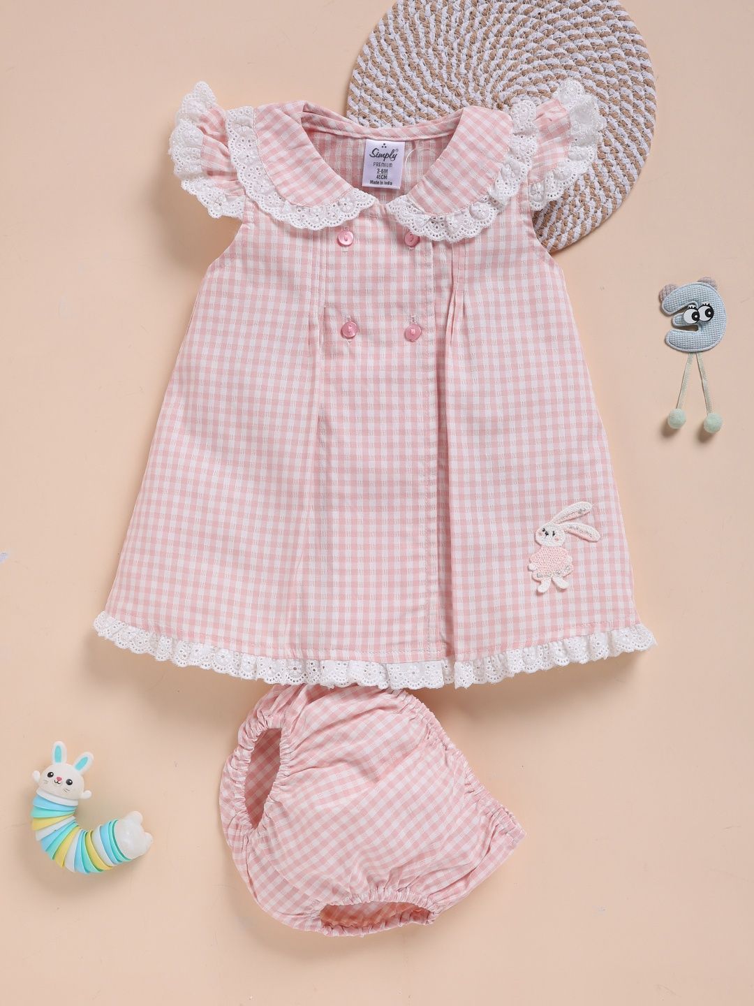 Simply Infant Girls Checked Peter Pan Collar A-Line Pure Cotton Dress With Bloomers-picture-39