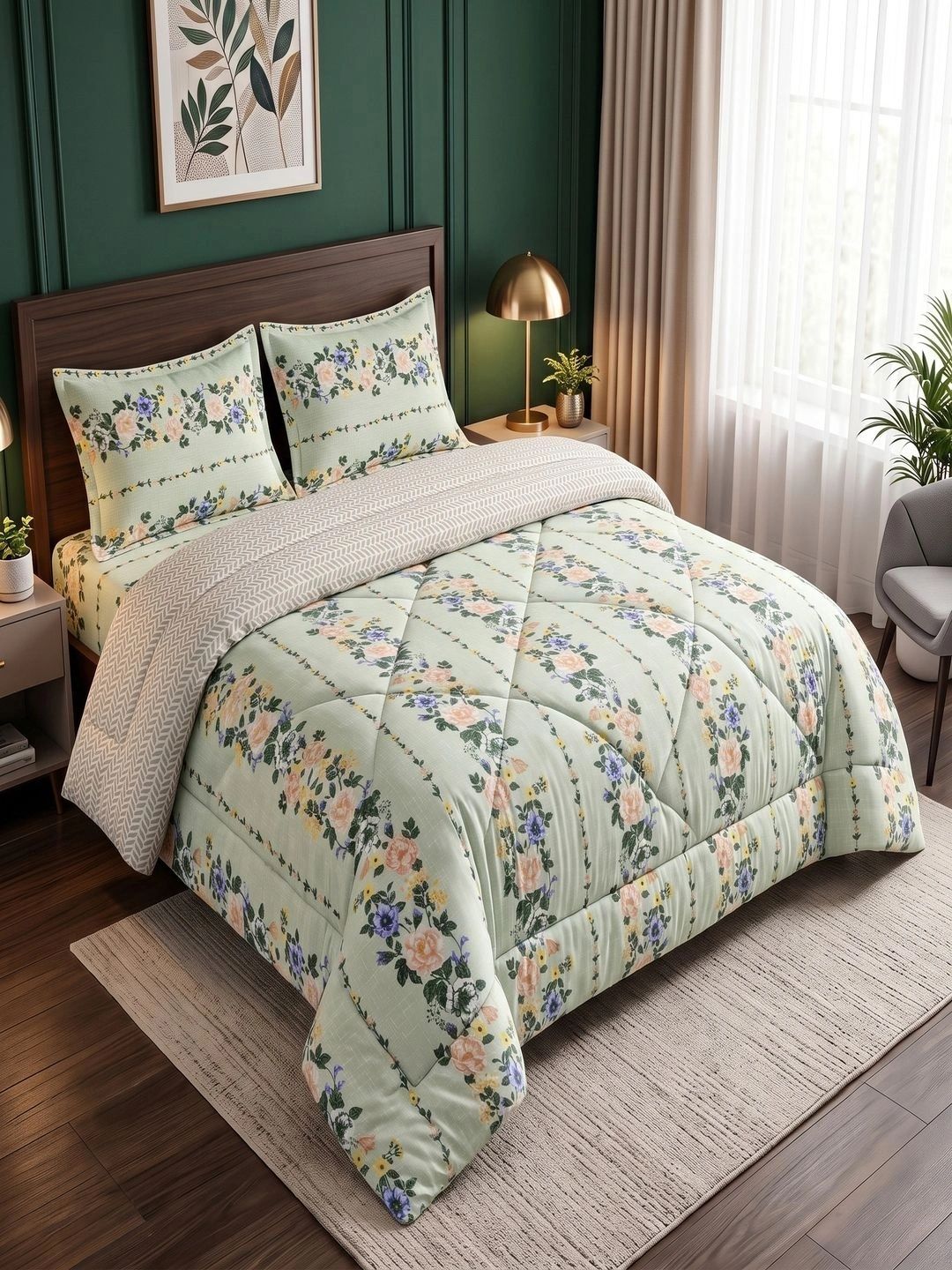 Threadwear Green & Pink Floral Polycotton 4 Piece Double Queen Fine Bedding Set-picture-20