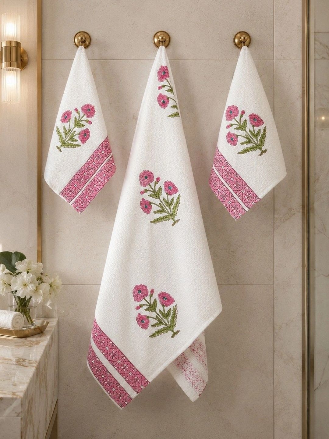 Natriel Pink & White Printed Cotton 3-Pcs Bath & Hand Towels-image-23