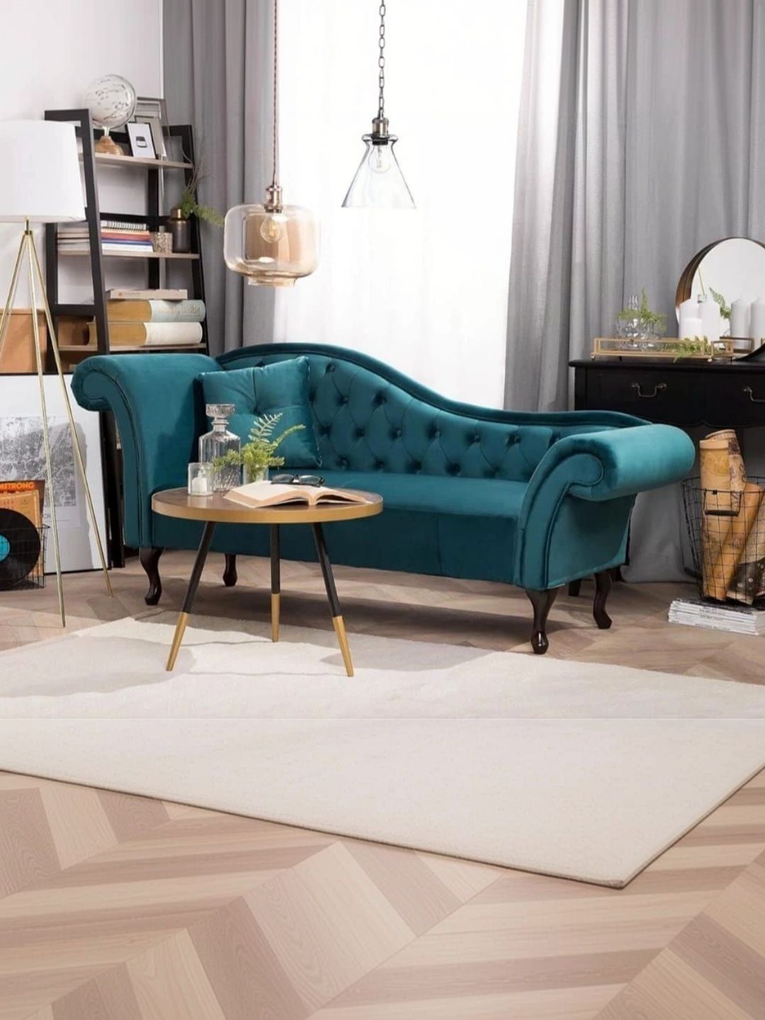 INDIAWOODMART Teal Blue Couch Button Tuffted Straight 3 Seater Sofa-image-40