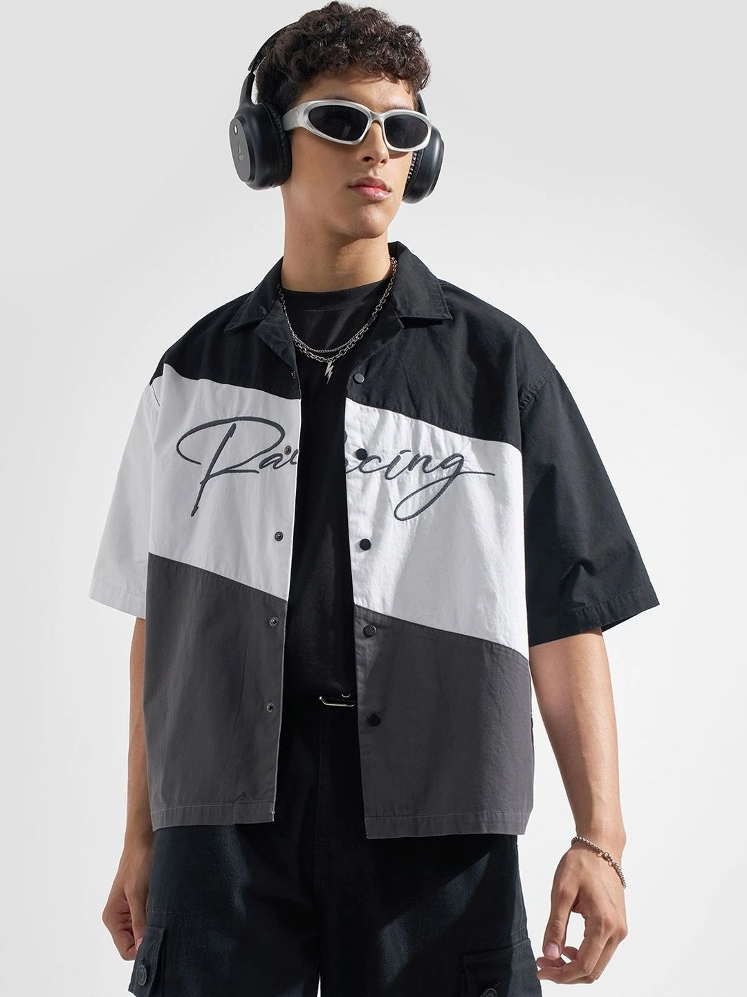 Highlander Men Black Contrast Panel Applique Embroidered Cuban Collar Boxy Shirt-image-18