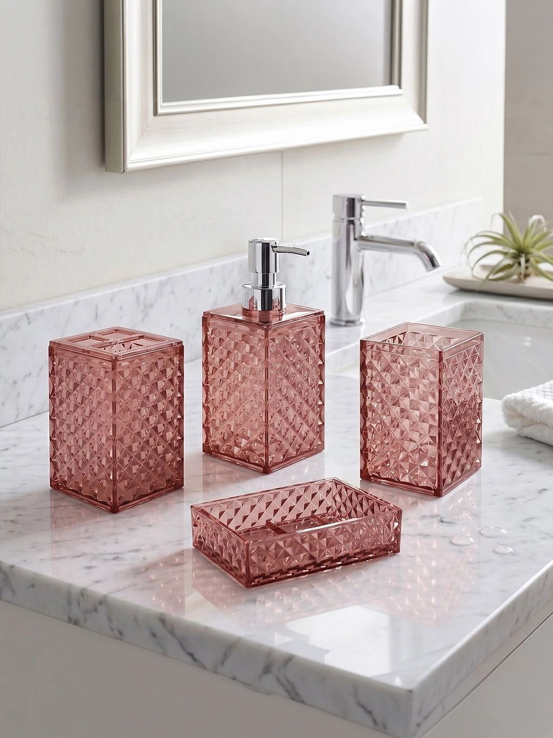 Story@home Peach-Coloured 3 piece Textured Plastic Bath Accessories Set-image-25