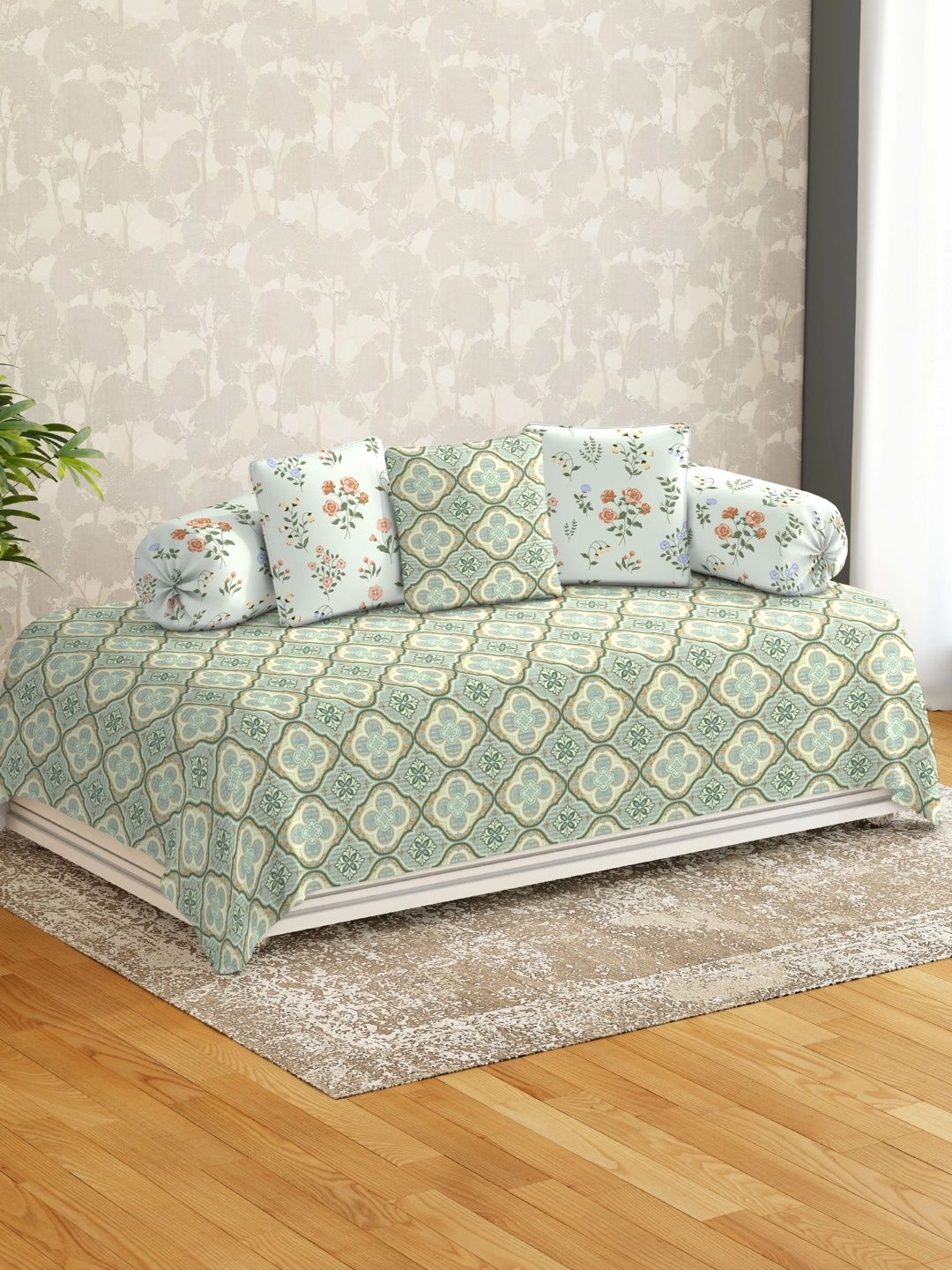 HIDECOR 6-Pcs Green & Beige Printed Microfiber Bedsheet with Bolster & Cushion Covers-picture-42