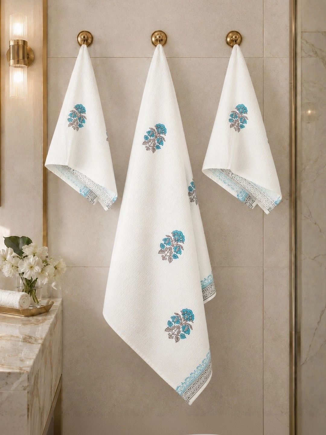 Natriel Blue & White Printed Cotton 3-Pcs Bath & Hand Towels-image-33