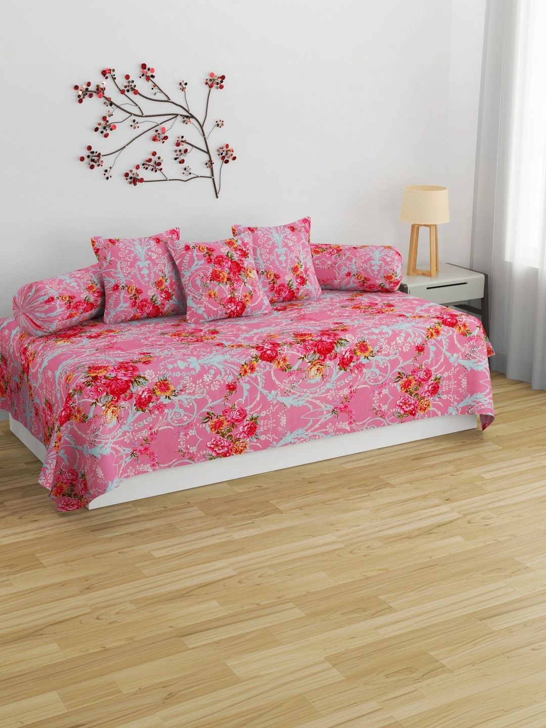 HIDECOR 6-Pcs Pink & Blue Printed Microfiber Bedsheet with Bolster & Cushion Covers-picture-53