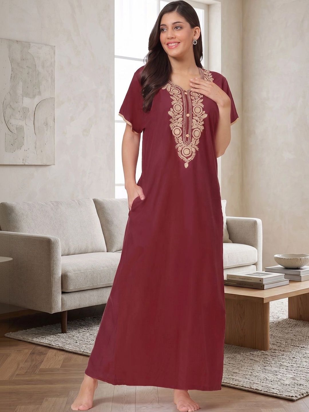 FABINALIV Women's Maroon Solid Embroidery Pure Cotton Maxi Gown Nighty-picture-10