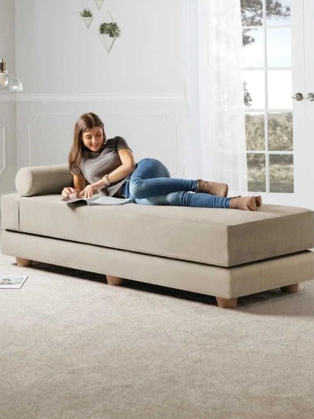 INDIAWOODMART Beige Foldable 3-Seater Sofa Cum Bed-picture-58